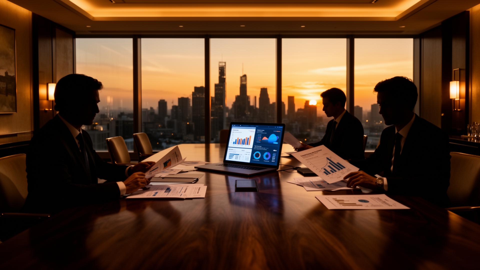 Hotel ownership reviewing commercial performance at dusk