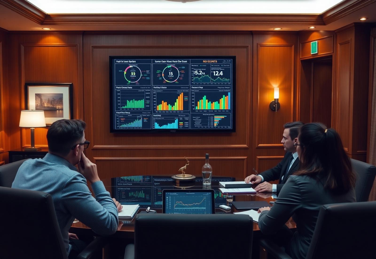 Hotel ownership boardroom reviewing commercial performance